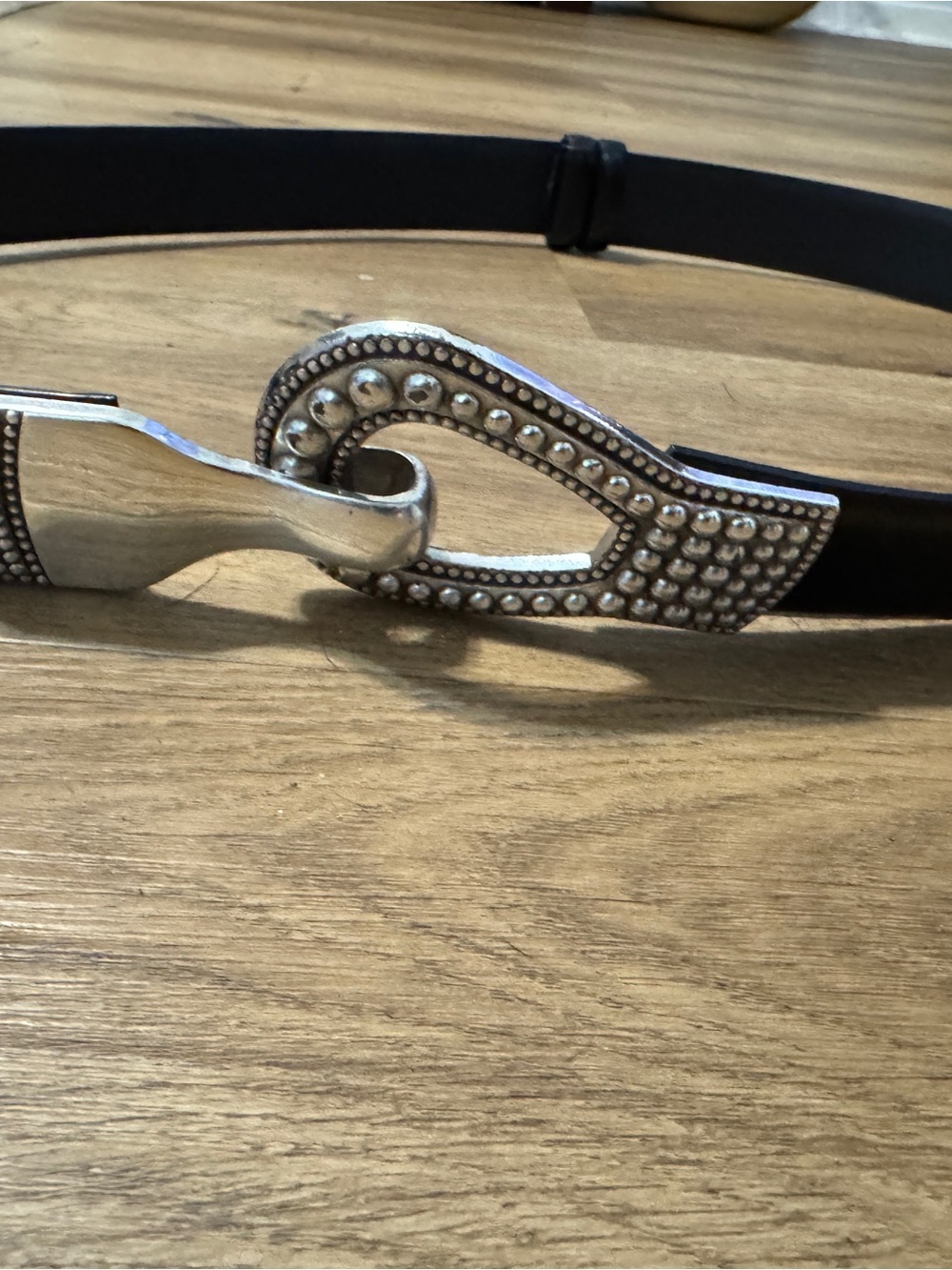 Black Leather Belt with Decorative Silver Buckle - Women's Accessory